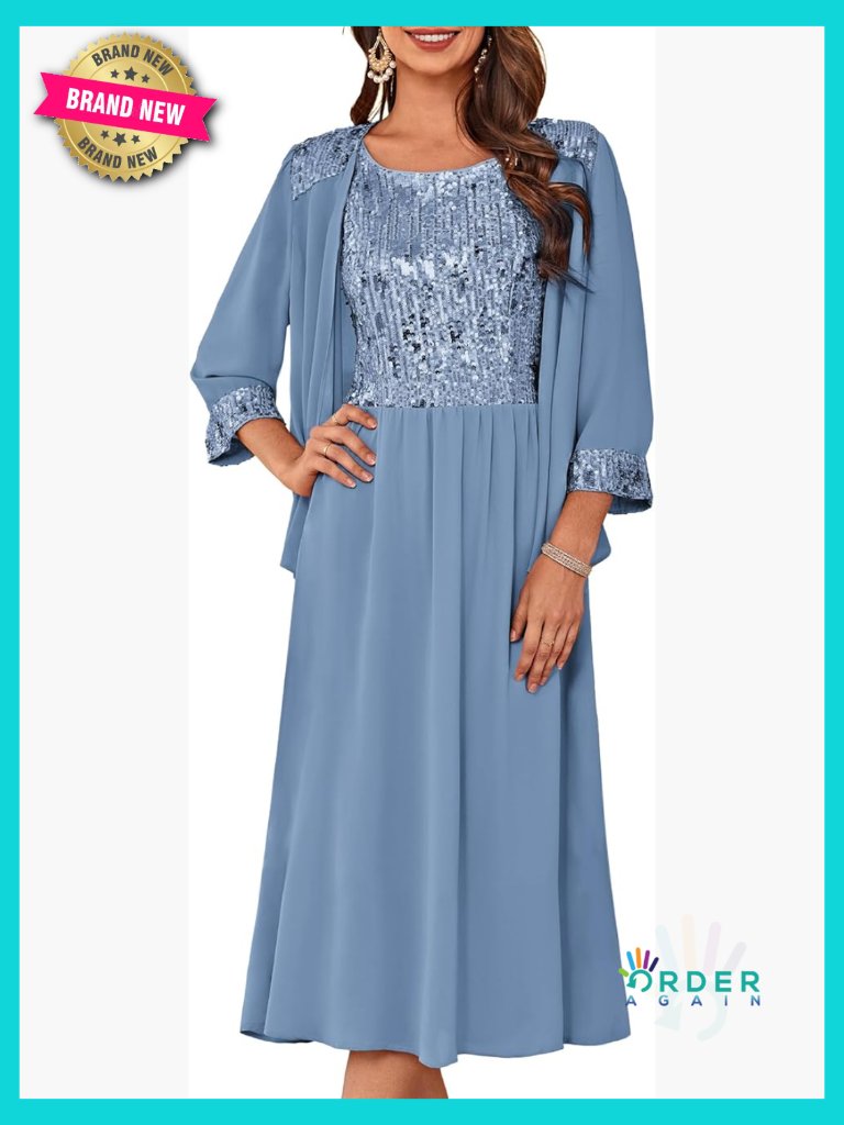 Two Piece Sequin Dress With Jacket Tea Length Formal Mother Of Bride Evening